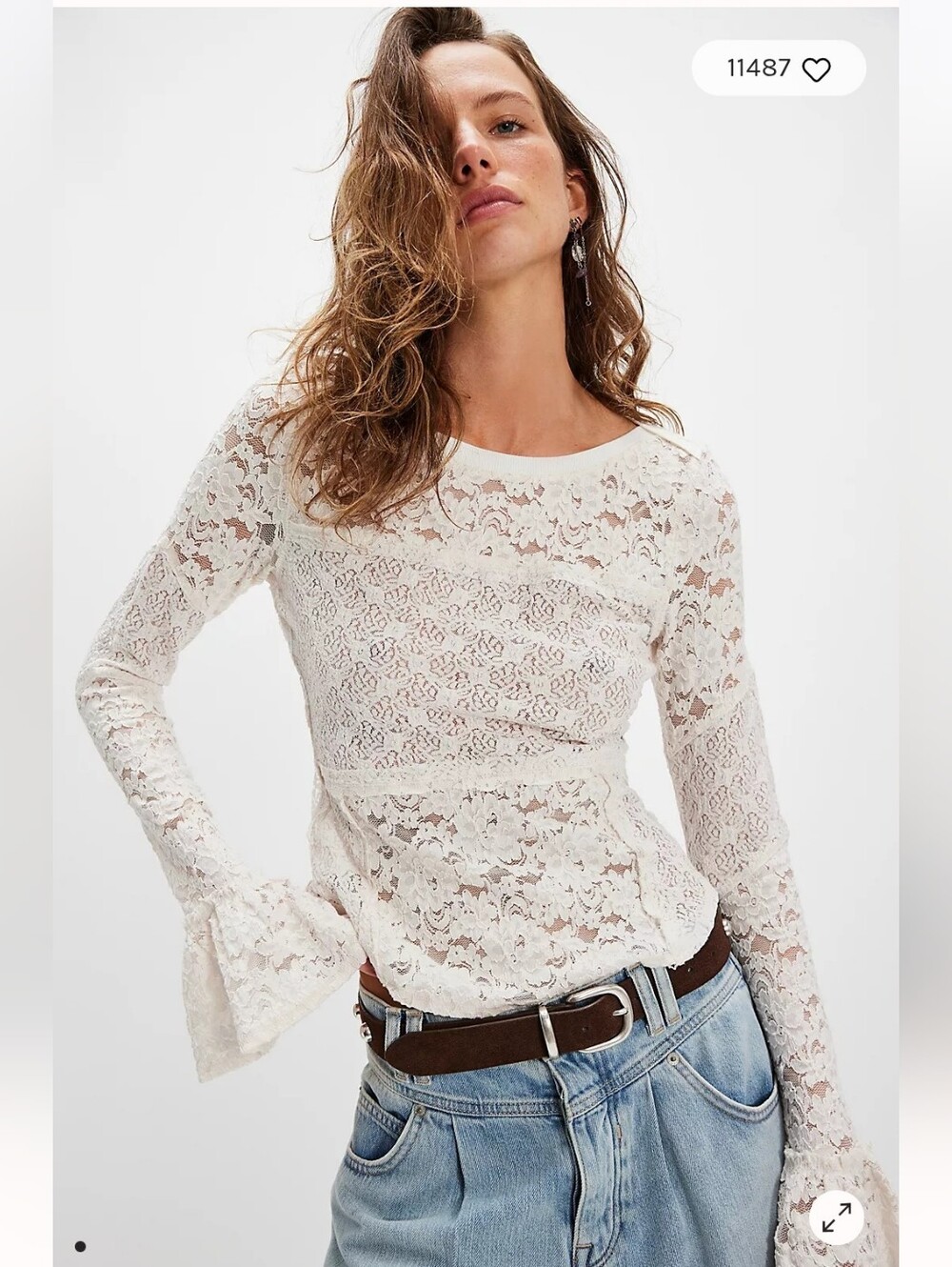 NWT Free People Sheer Lace Flared Long Sleeve Top -Size Medium